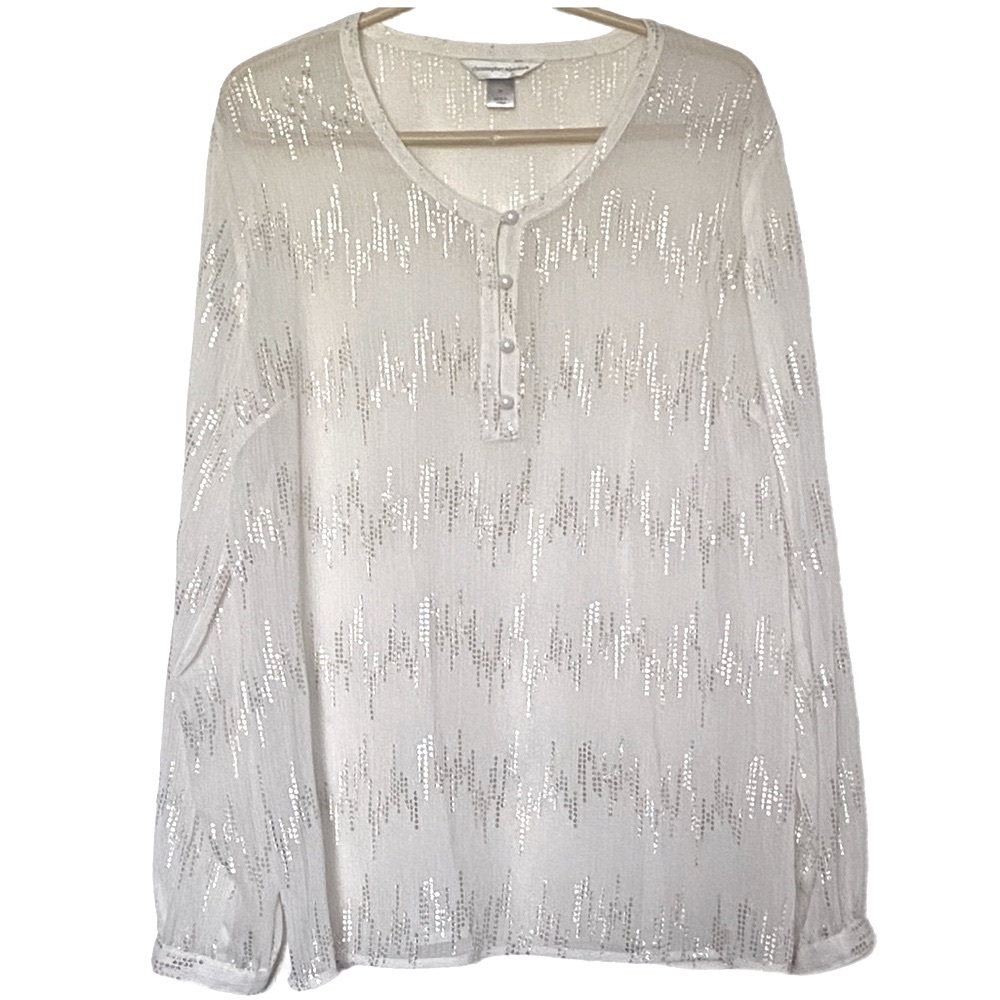 Christopher & Banks Satin Blouse Ivory & Silver  M